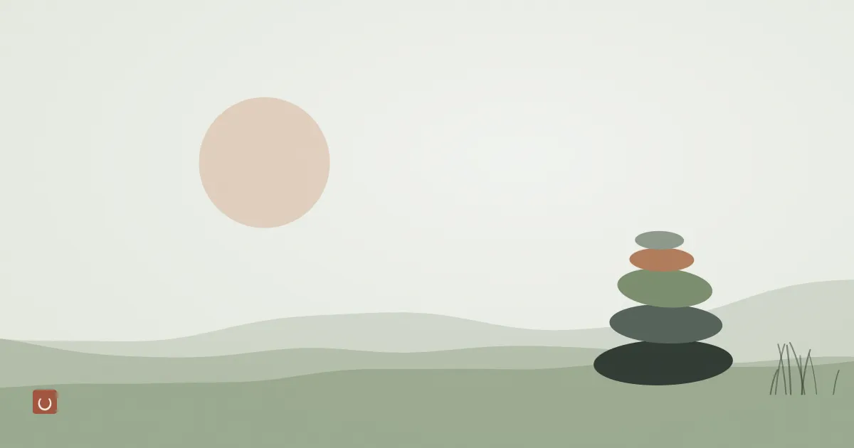 Calm ink wash illustration of stacked stones beside tall grass